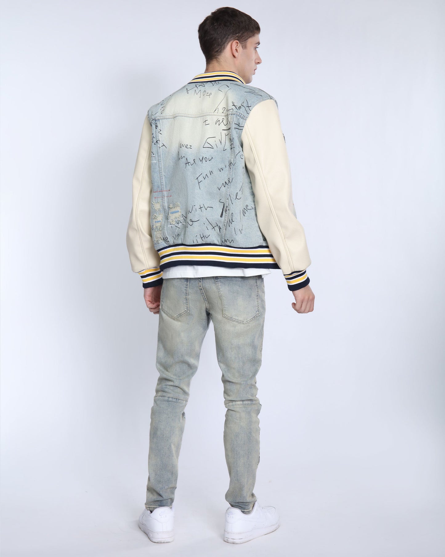 Logeqi retro baseball denim jacket featuring a unique design and letter print on the back