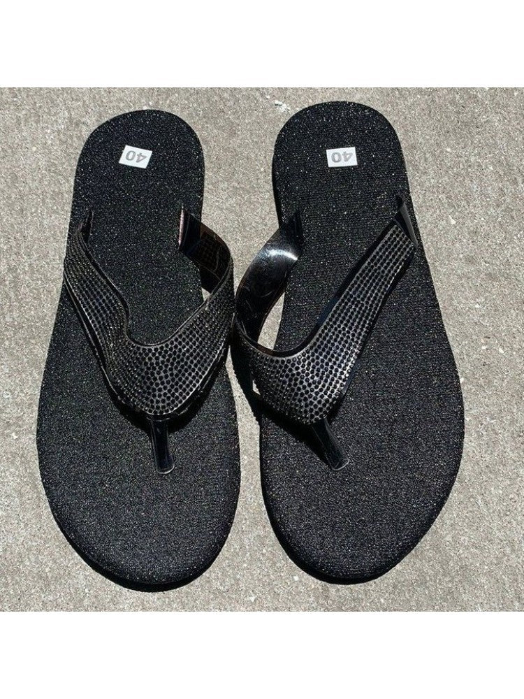 Wholesale7 black rhinestone flip flops for women with textured straps and comfortable sole size 40