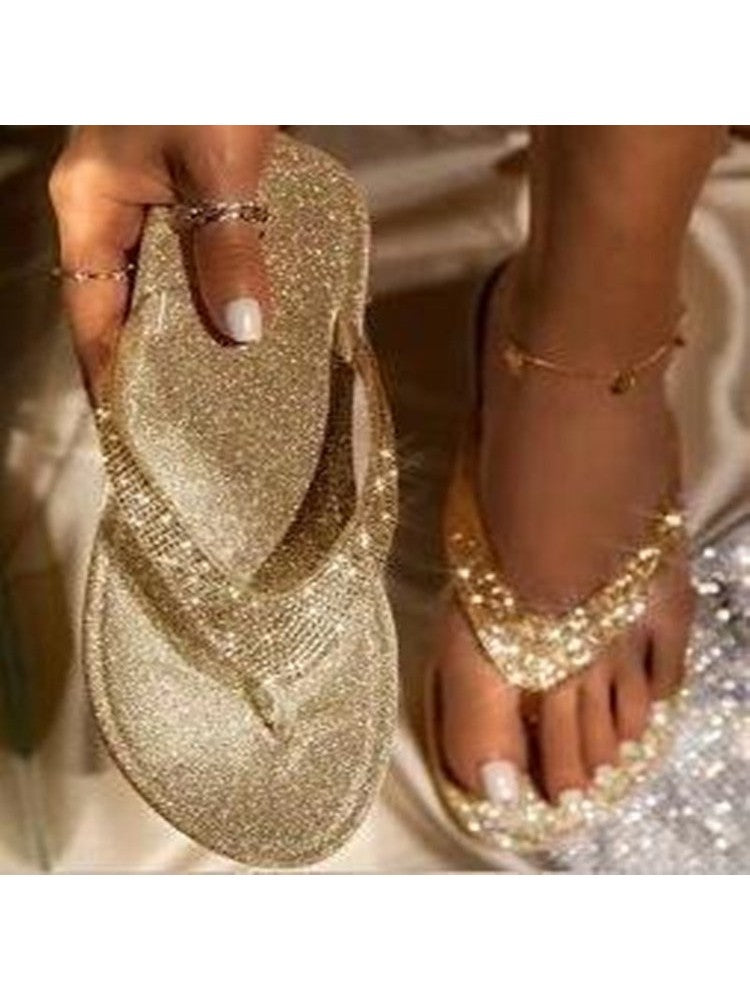 Wholesale7 rhinestone flip flops for women in sparkly gold with elegant crystal embellishments