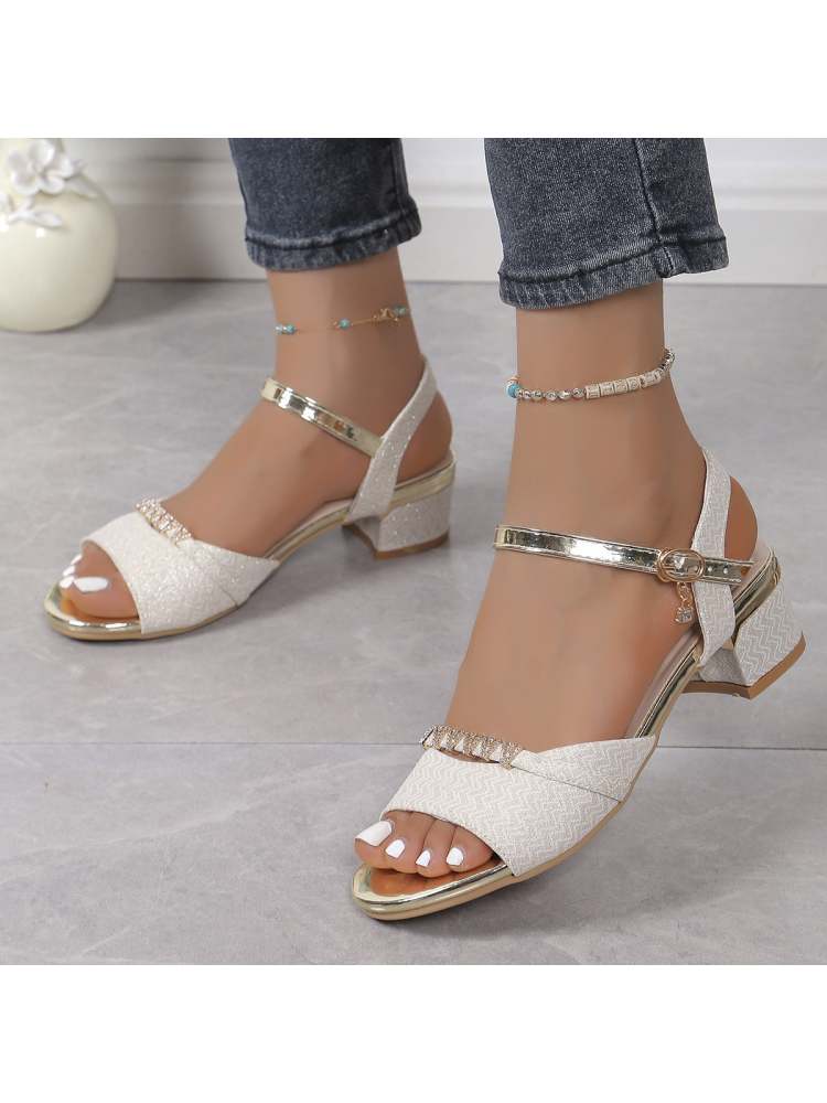 Wholesale7 rhinestone sandals for women with low block heels and ankle straps in white and gold