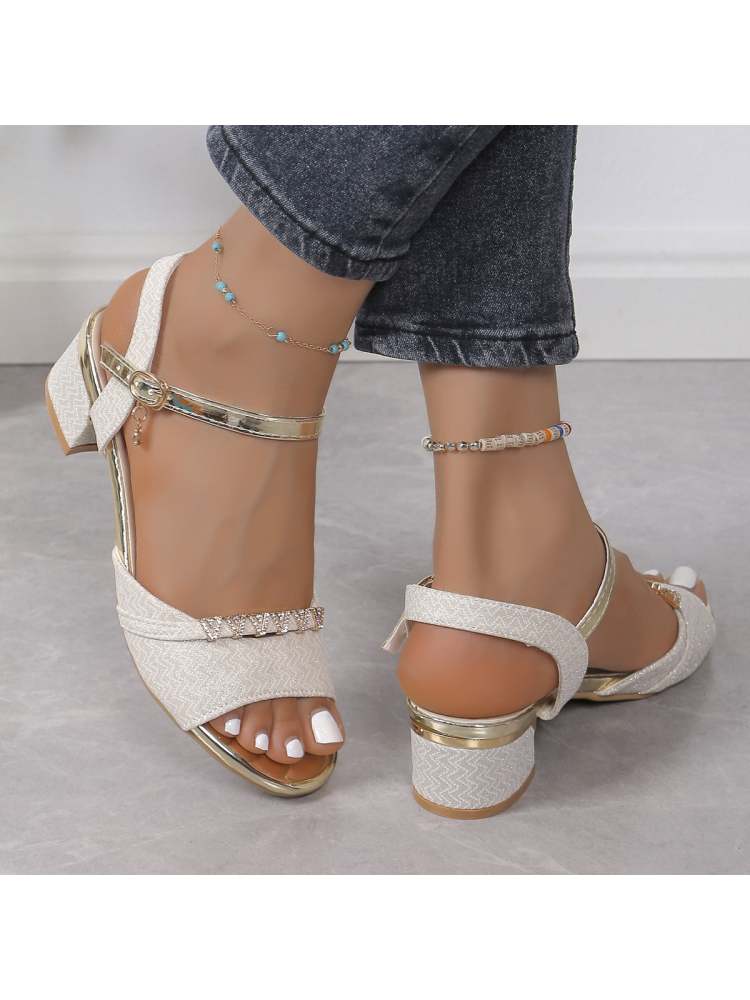 Wholesale7 white rhinestone sandals for women with ankle strap and block heel