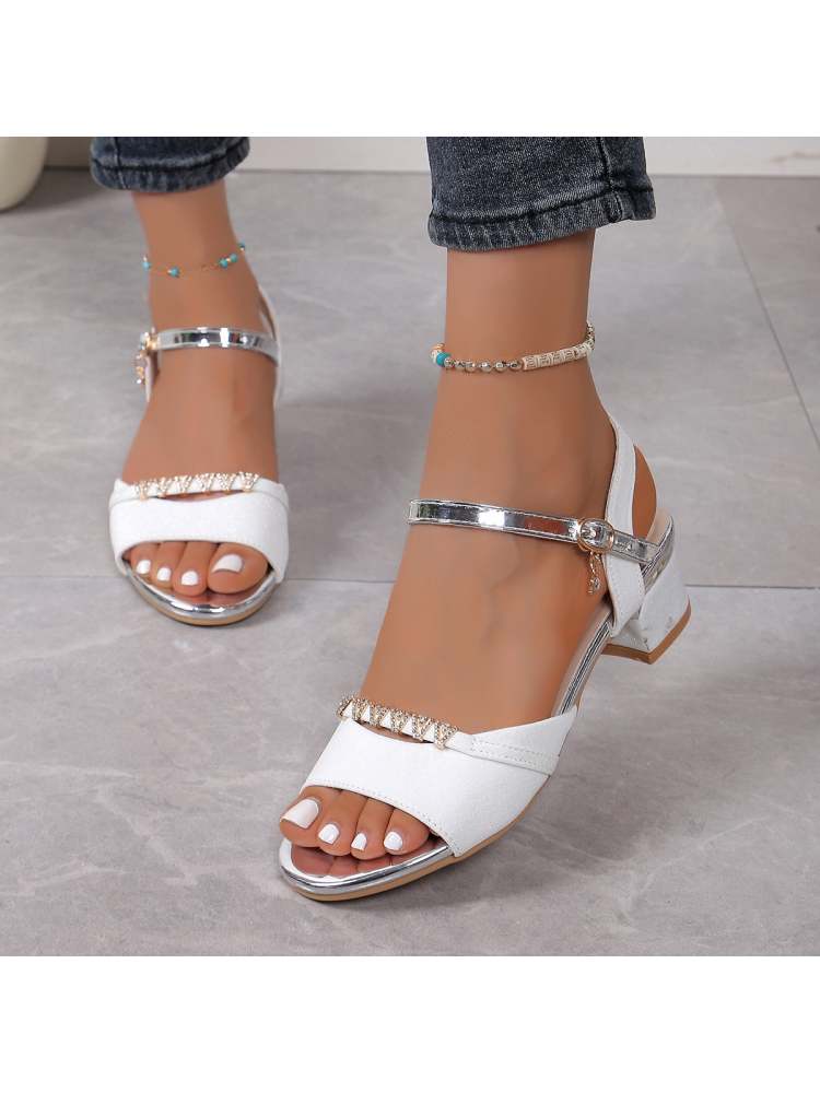 White rhinestone sandals for women with low block heels and silver ankle straps