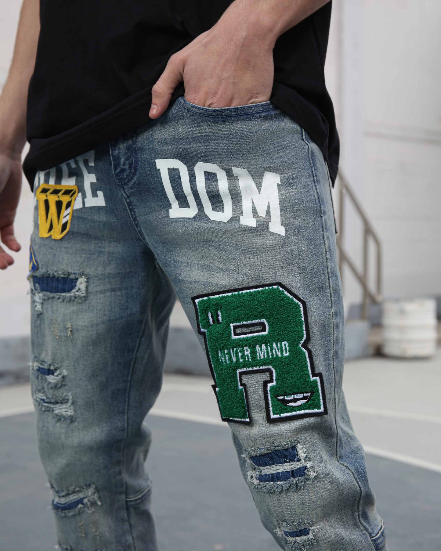 Logeqi ripped patchwork jeans featuring colorful patches and distressed details for a trendy look