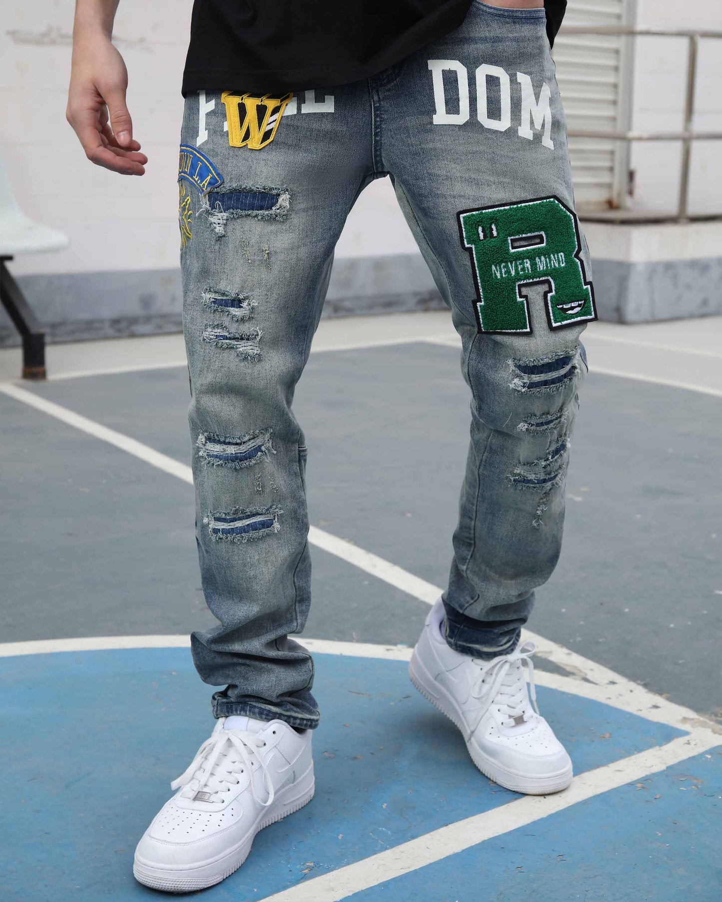 Logeqi ripped patchwork jeans with distressed detailing and colorful patches for a trendy look