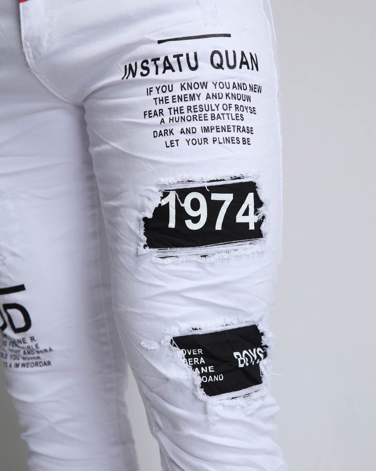Logeqi ripped white jeans with patches featuring stylish graphics and distressed details