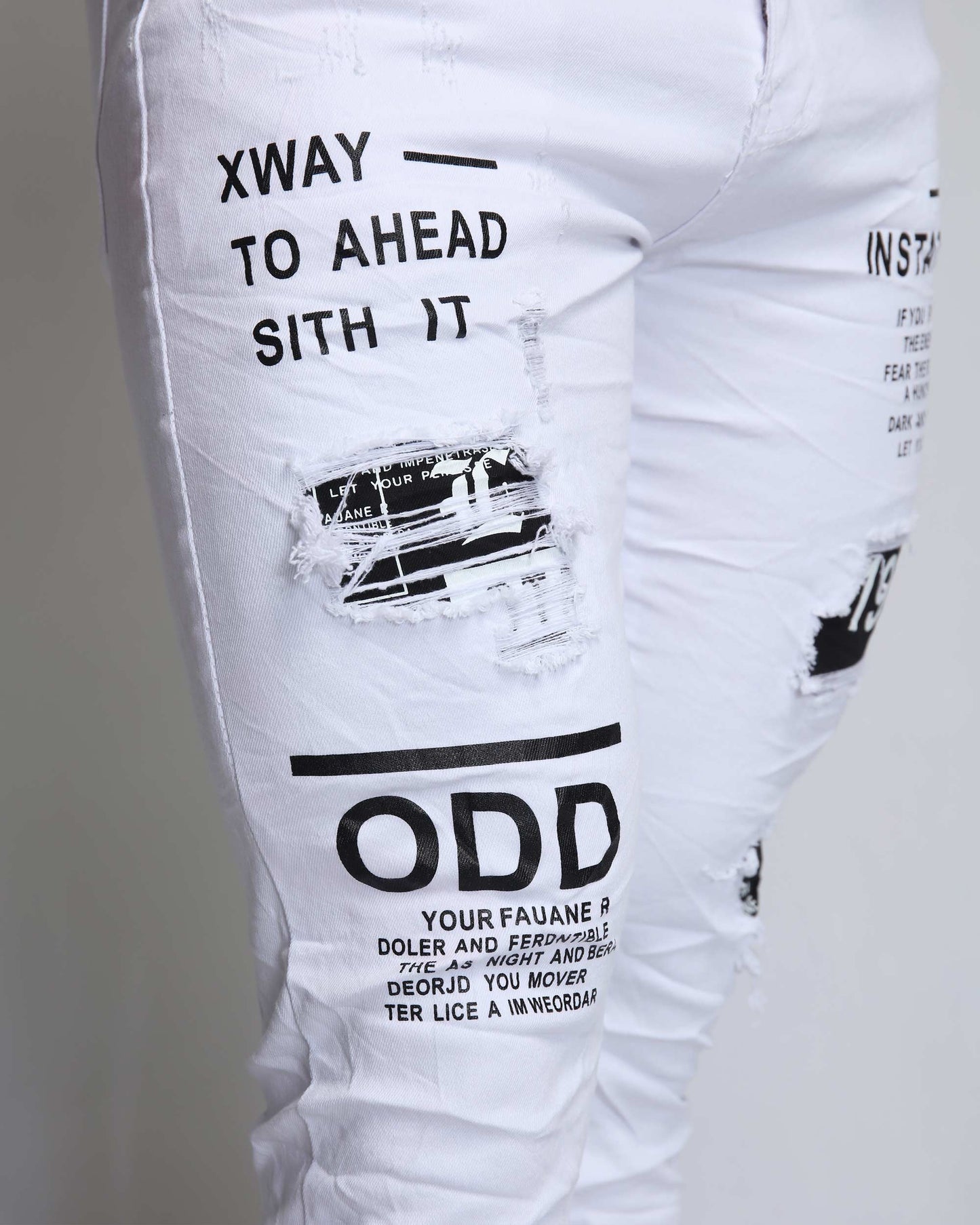 Logeqi ripped white jeans with patches featuring stylish distressed detailing and graphic prints