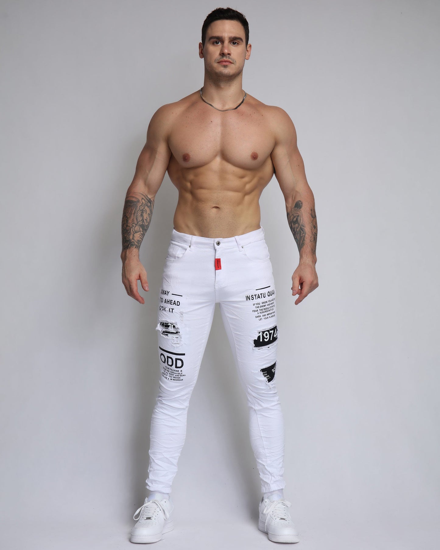 Logeqi ripped white jeans with patches featuring a stylish design for a modern look