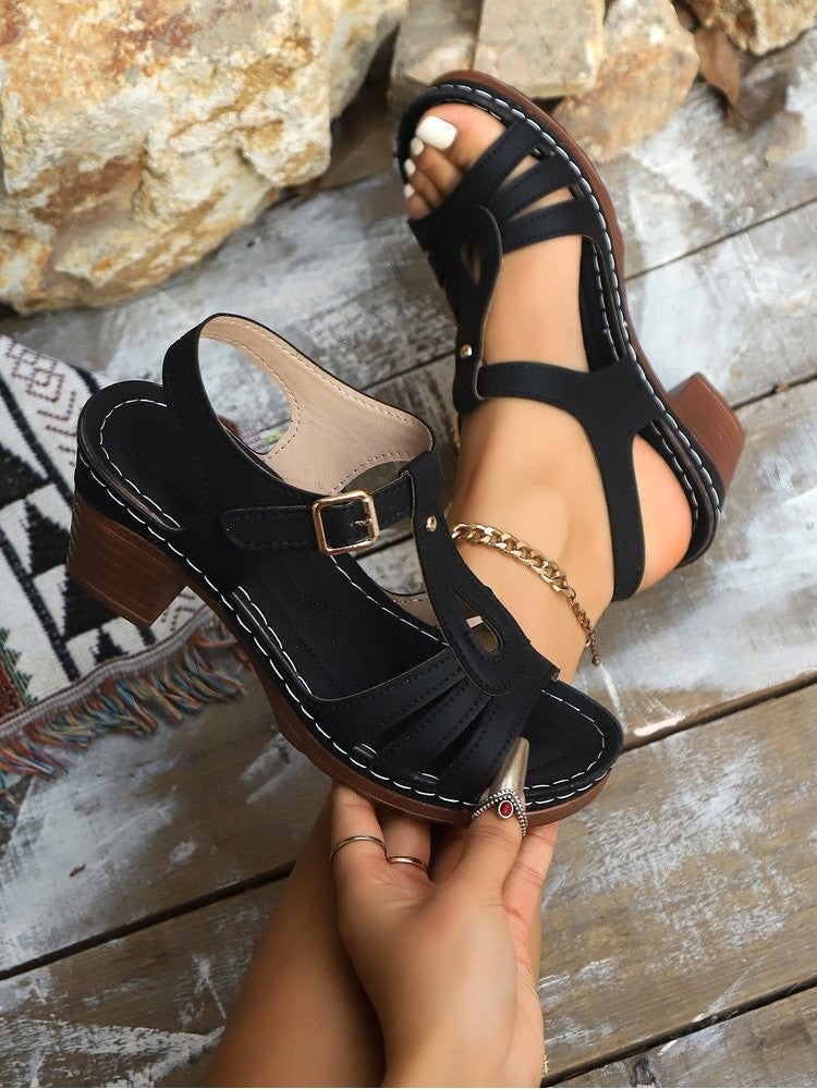 Stylish round toe chunky heel sandals in black with strappy design and comfortable fit