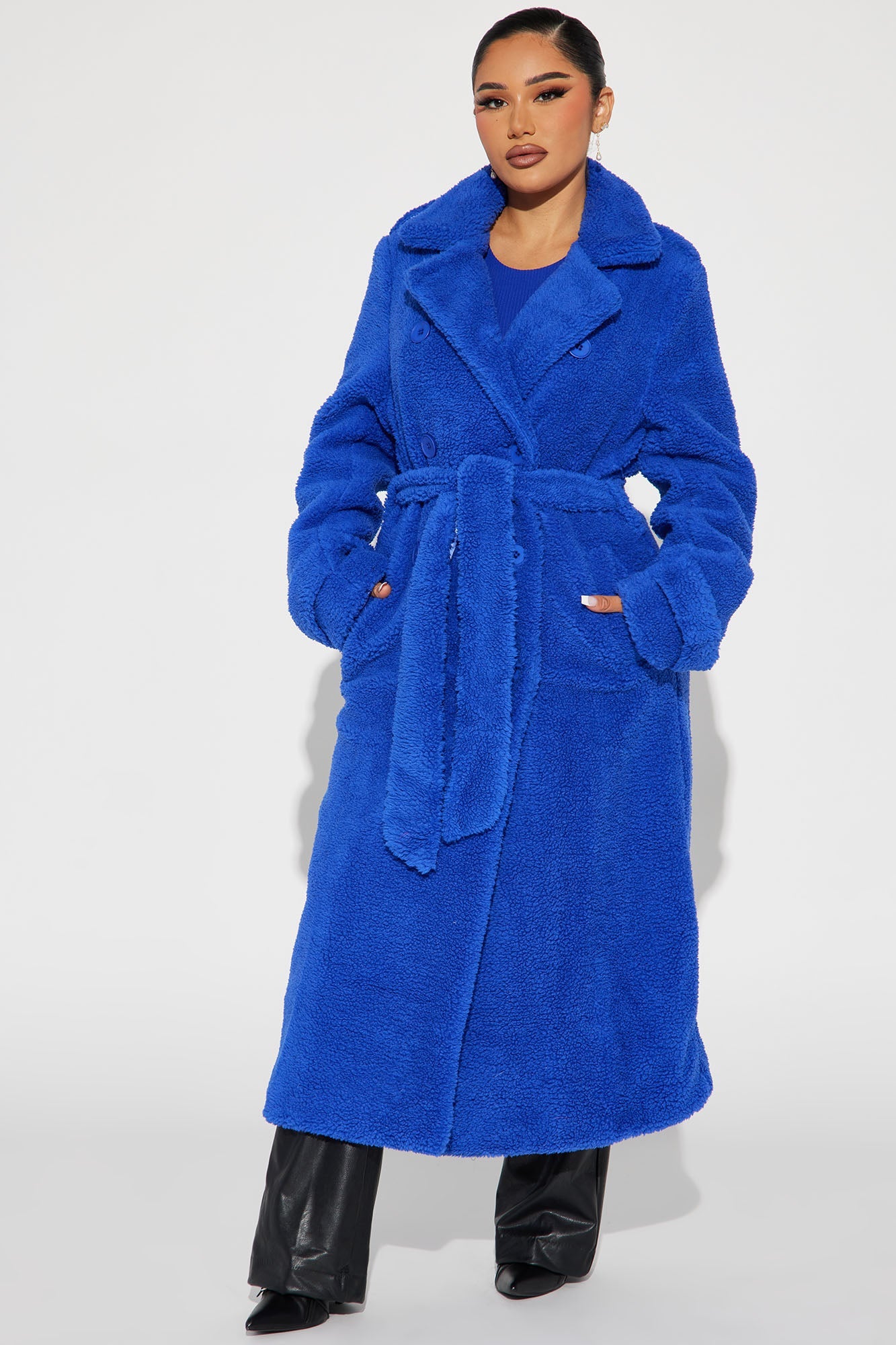 Fashion Nova royal blue sherpa coat with belt and pockets for a stylish, cozy look