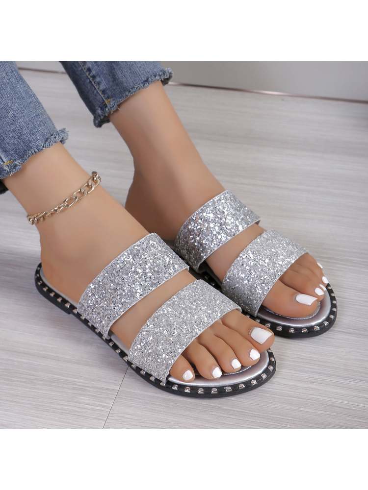 Wholesale7 sequin flat heel slippers with double straps and silver glitter design for casual wear