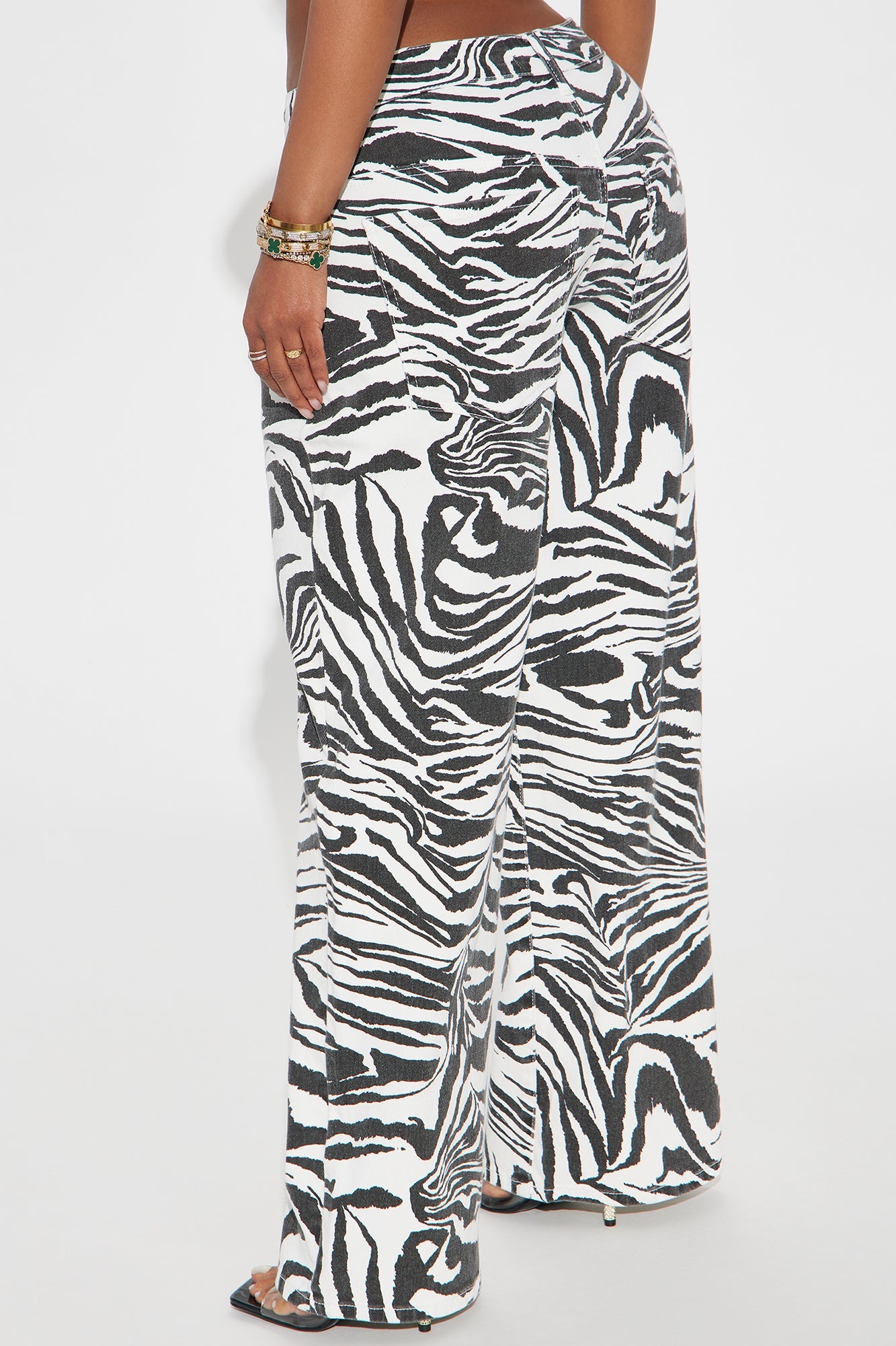 Fashion Nova zebra print wide leg jeans black and white high waist relaxed fit back view