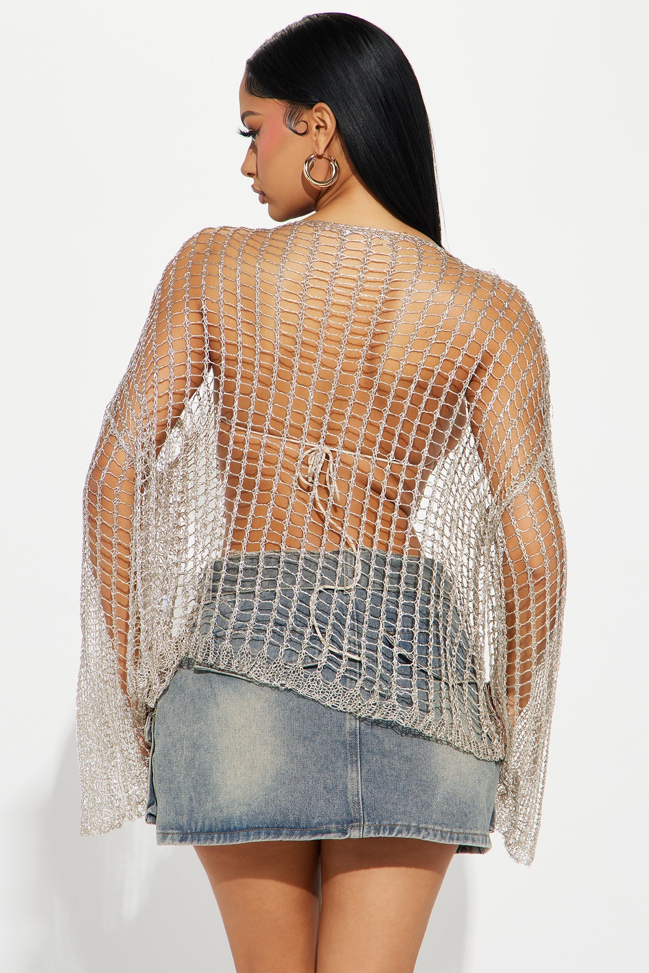 Chic silver metallic sweater for women with open-knit design and flowing sleeves