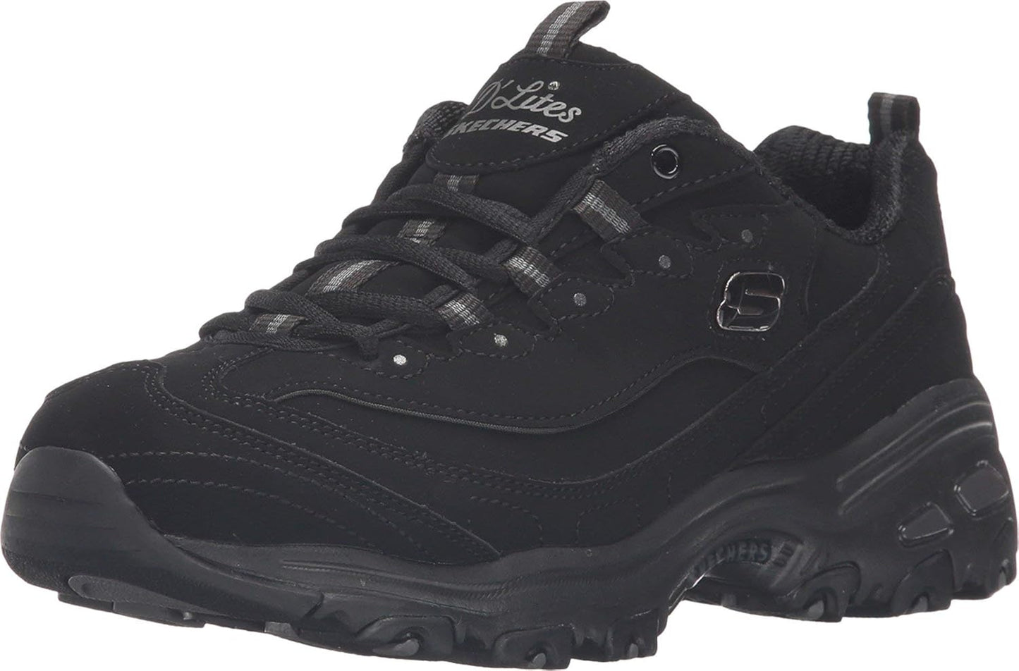Skechers D'Lites women's black sneakers featuring a supportive cushioned sole and stylish design