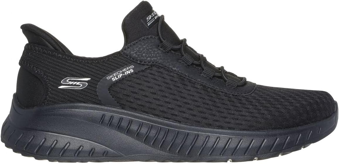 Skechers women's slip-on sneakers in black with breathable mesh and flexible sole for comfort
