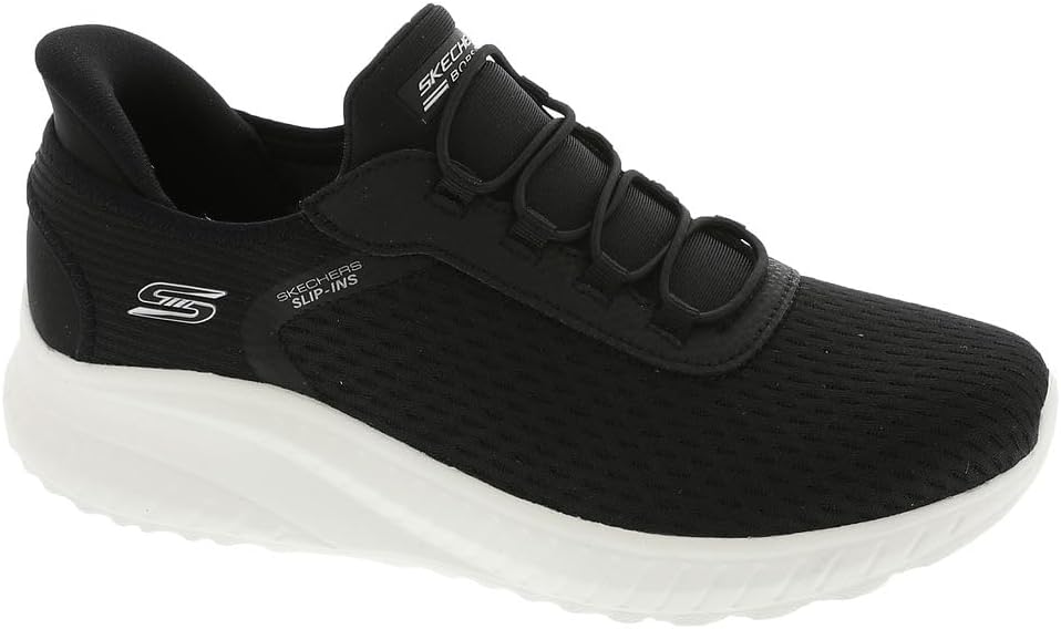 Skechers women's slip-on sneakers in black with breathable upper and cushioned sole for comfort