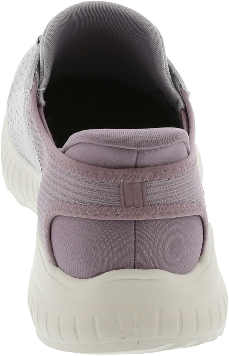 Back view of Skechers women's slip-on sneakers in gray and purple with elastic panel for easy wear