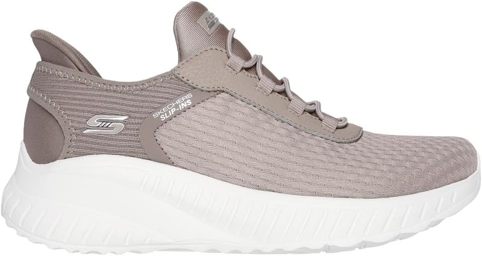 Skechers women's slip-on sneakers in taupe with mesh upper and cushioned sole for comfort