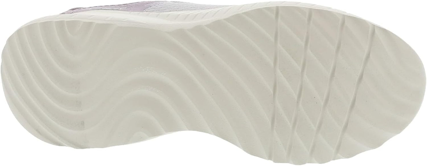 Underneath view of Skechers women's slip-on sneakers showcasing a wave-patterned sole for traction