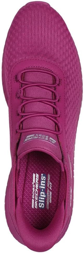 Top view of Skechers women's slip-on sneakers in vibrant pink with a breathable mesh design