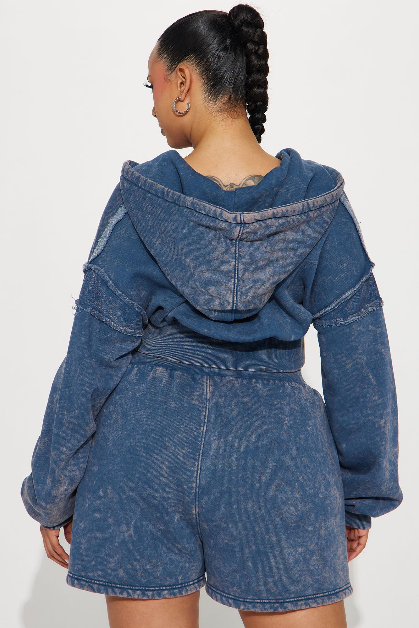 Fashion Nova slate blue cropped fleece hoodie with relaxed fit and vintage wash detail