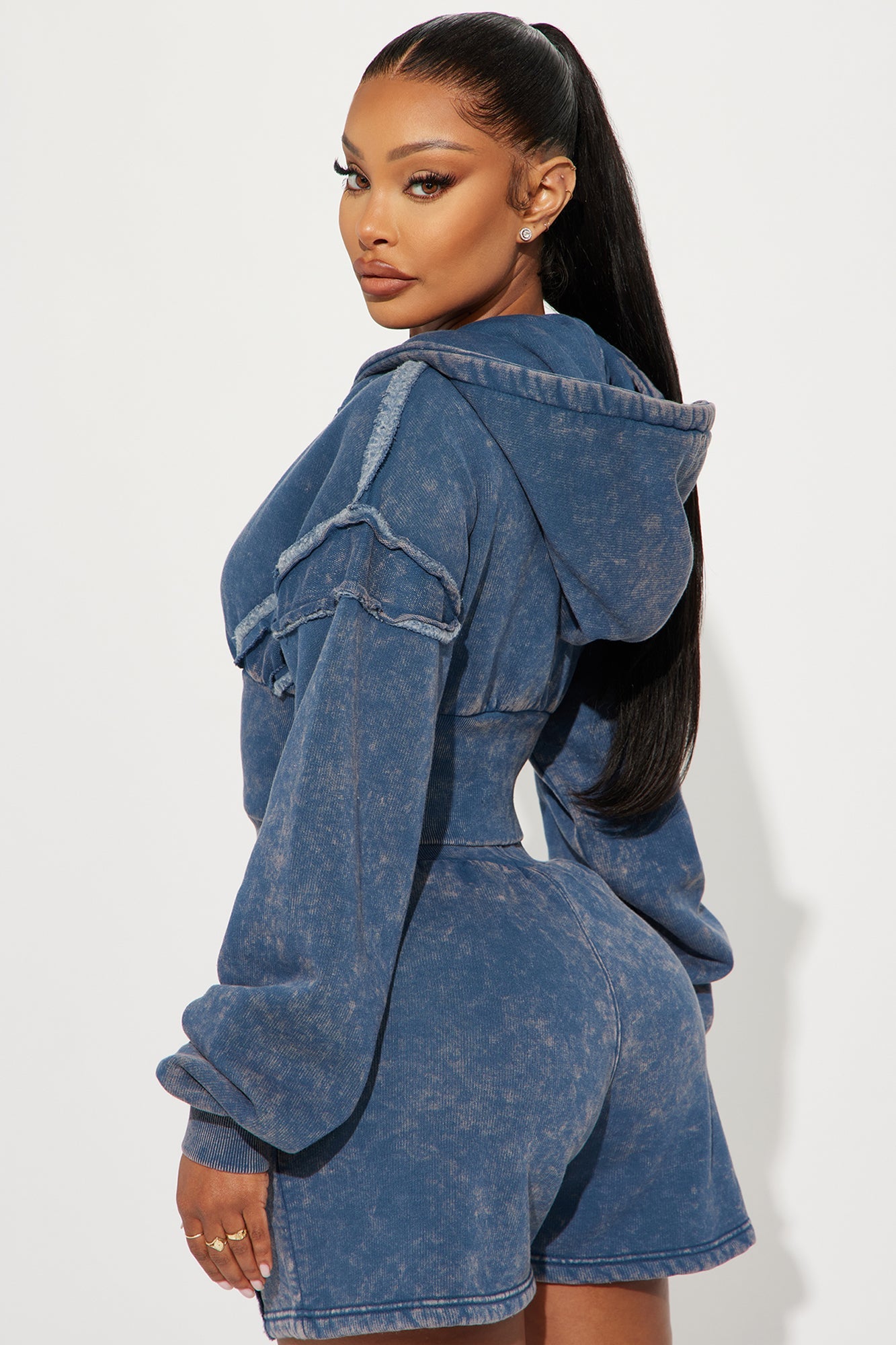 Fashion Nova slate blue cropped fleece hoodie with oversized hood and soft fabric for comfort