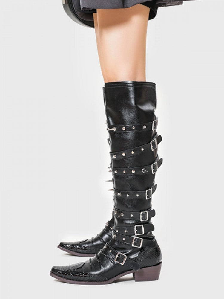 Wholesale7 solid color knee-high boots in black with buckles and studded straps on model