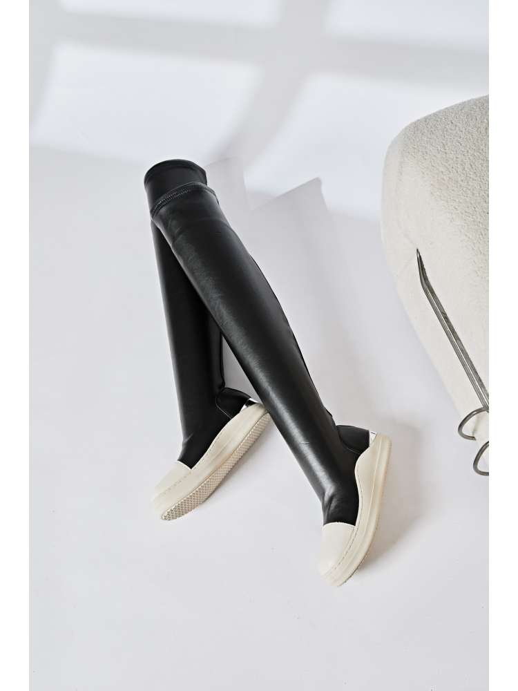 Wholesale7 black and white solid PU patchwork boots with a sleek over-the-knee design