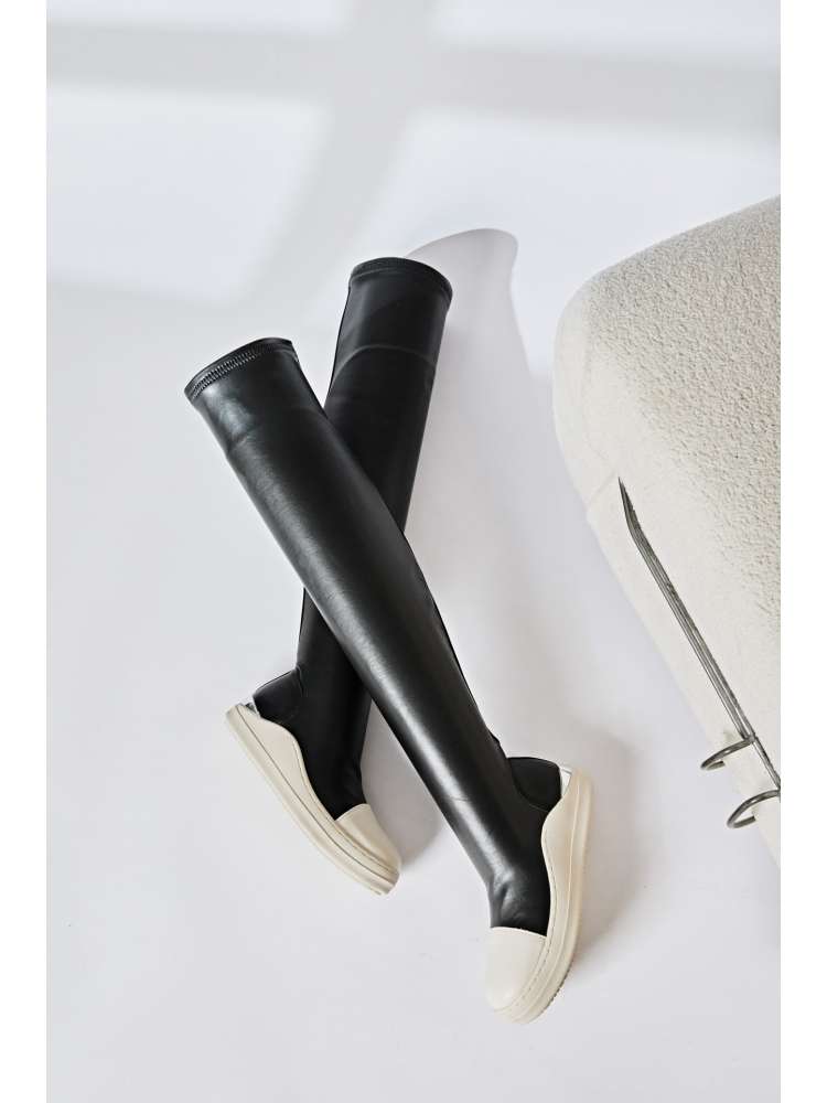 Wholesale7 solid PU patchwork boots over-the-knee style with white rubber soles and black upper