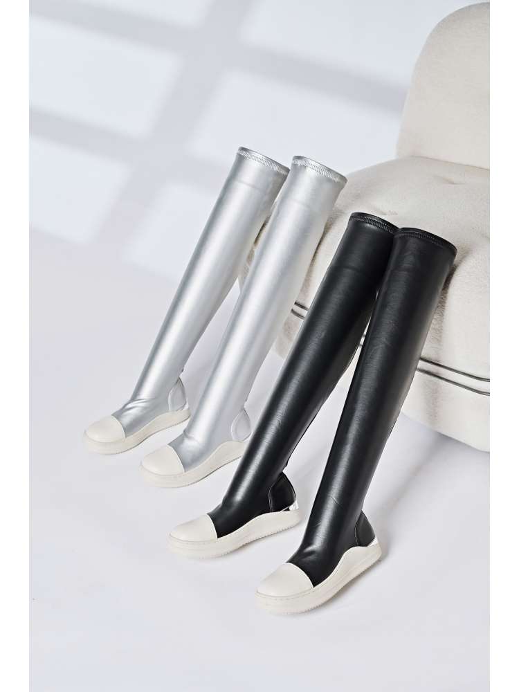 Wholesale7 solid PU patchwork boots in black and silver knee-high sneaker style