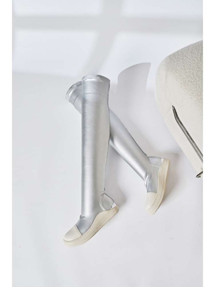 Silver solid PU patchwork boots from wholesale7 with over-the-knee design and white soles