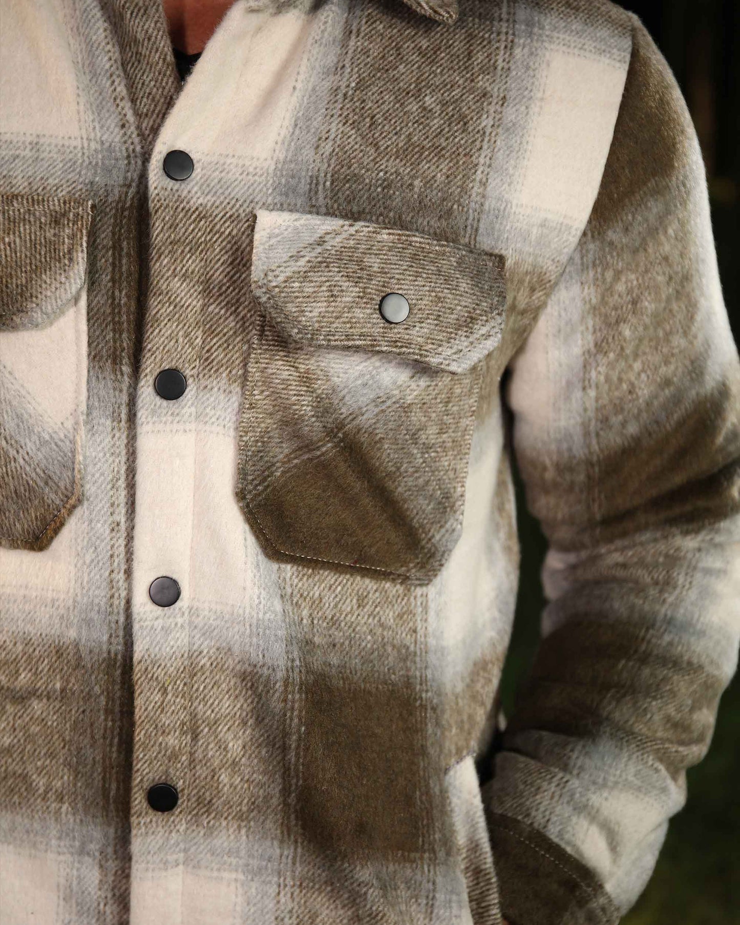 Logeqi spring plaid jacket in brown and cream with buttoned flap chest pockets and long sleeves
