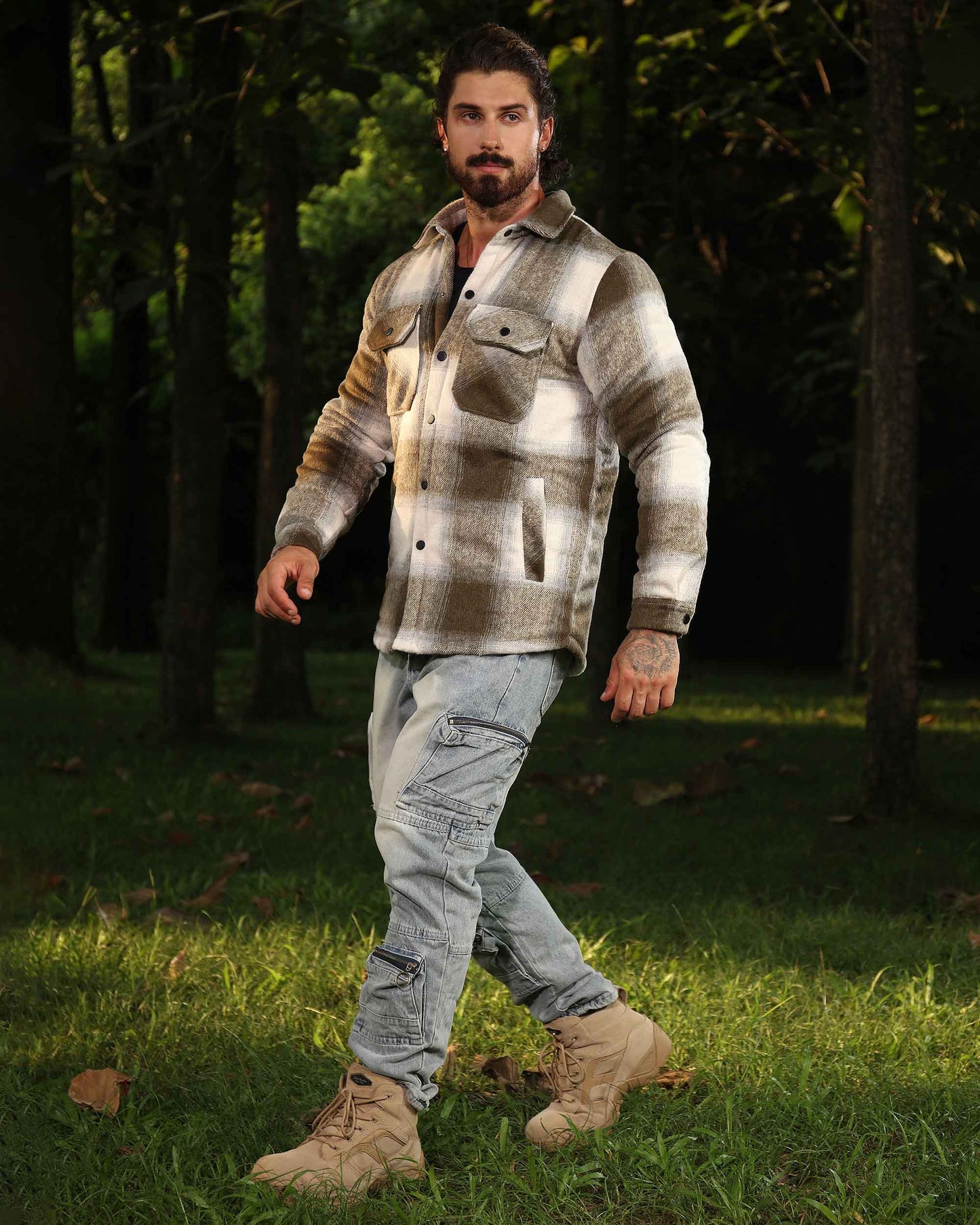 Logeqi spring plaid jacket worn by man outdoors with beige and brown checks styled with cargo pants