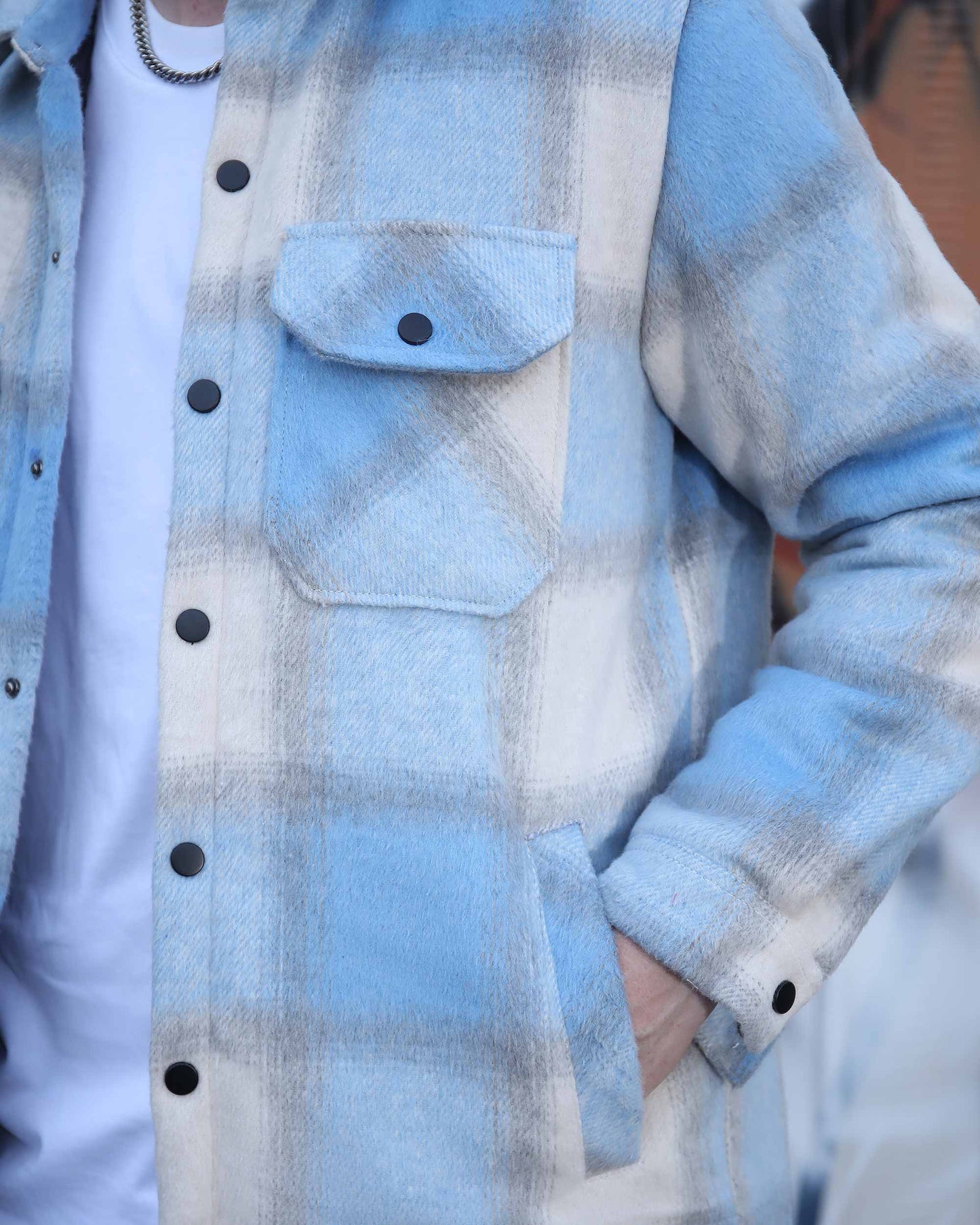 Logeqi spring plaid jacket in blue and white with black buttons and chest pocket detail