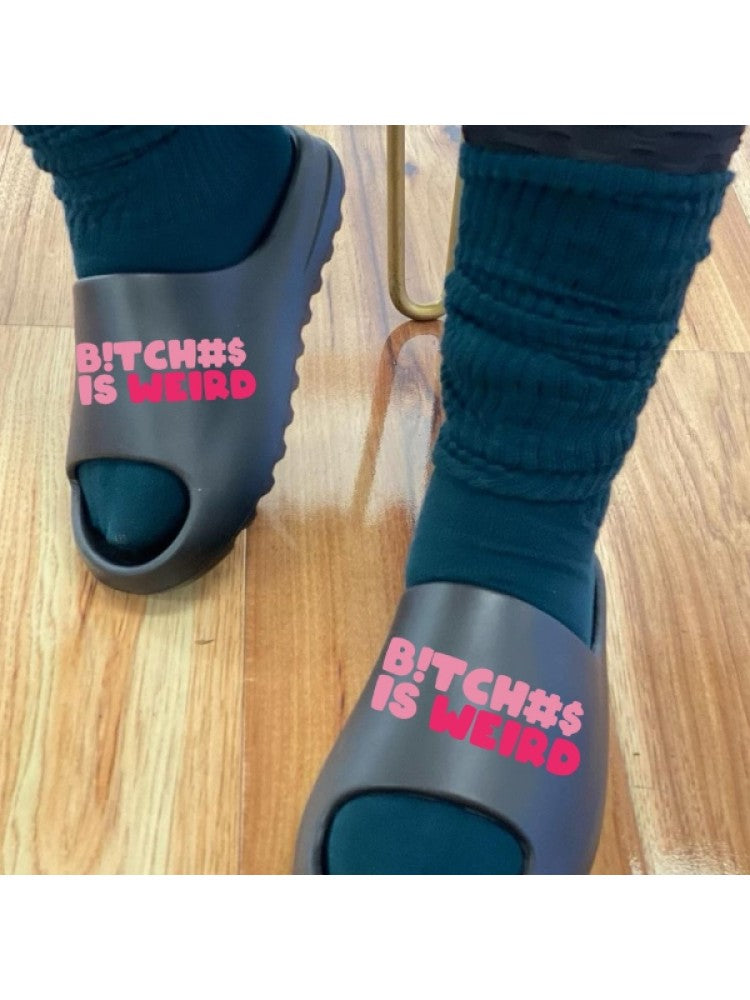 Wholesale7 summer letter print slippers in gray with pink text worn with teal socks on wooden floor