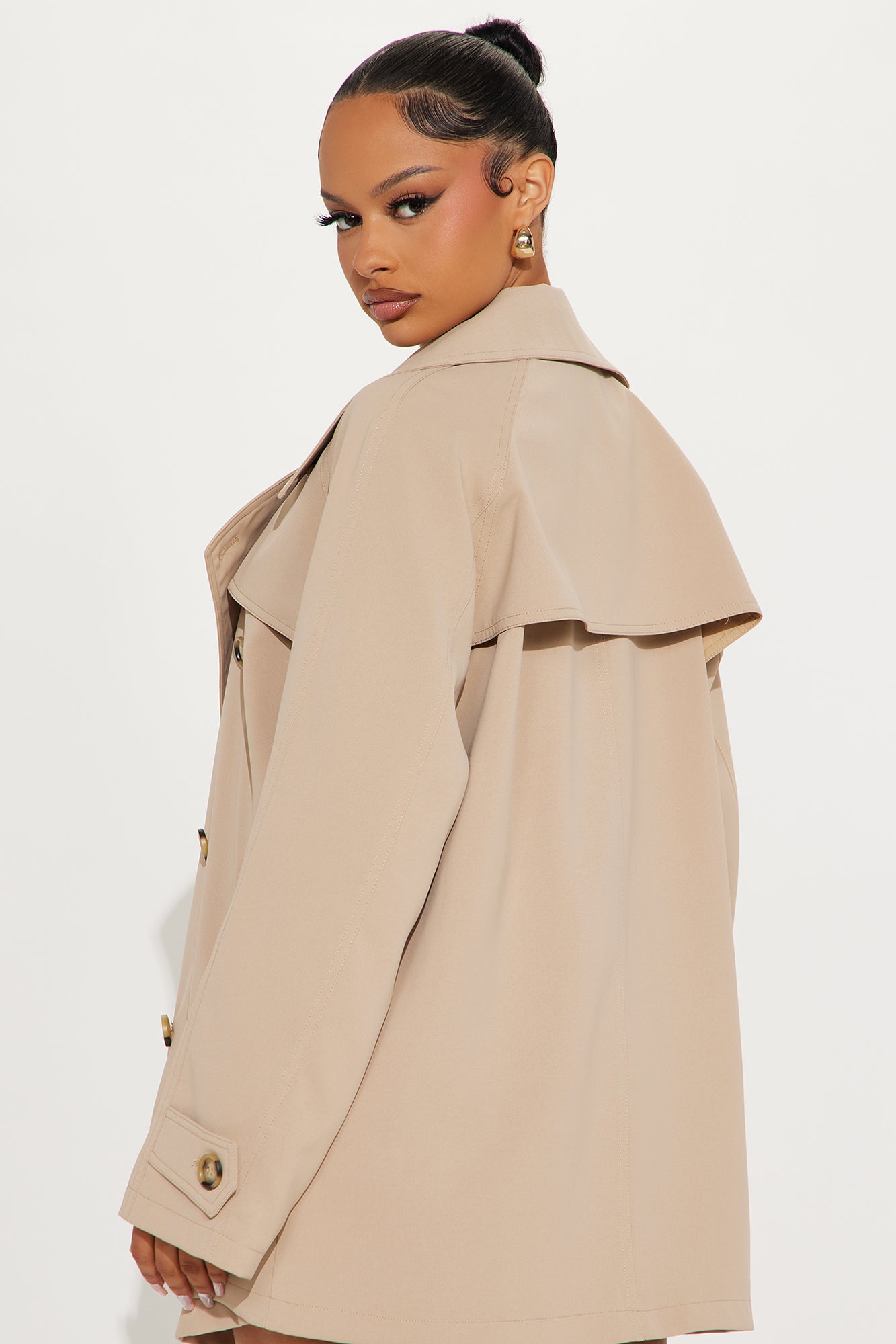 Fashion Nova tan double-breasted trench coat with oversized collar and stylish silhouette