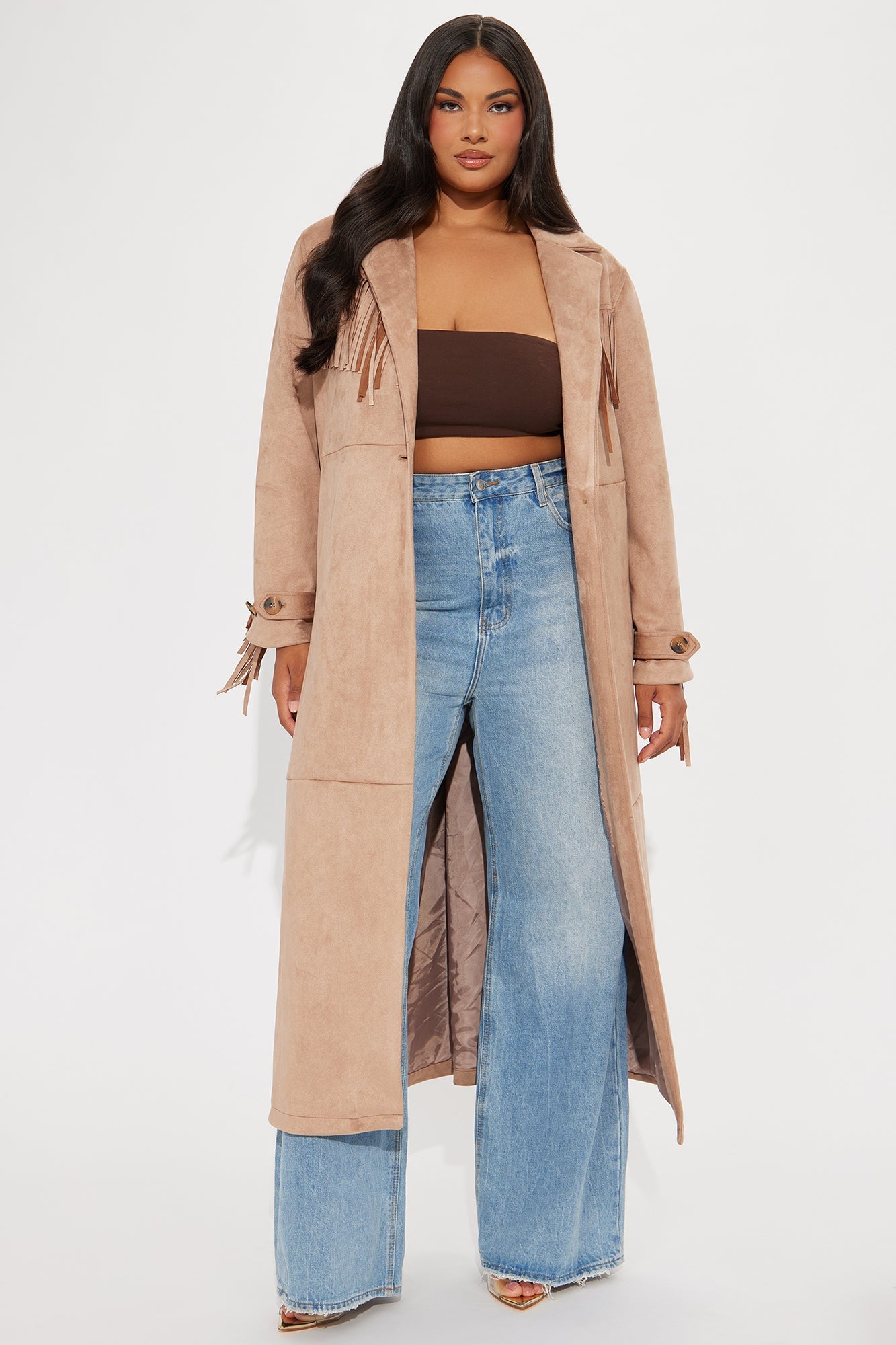 Fashion Nova taupe fringe faux suede trench coat with stylish cut and side pockets