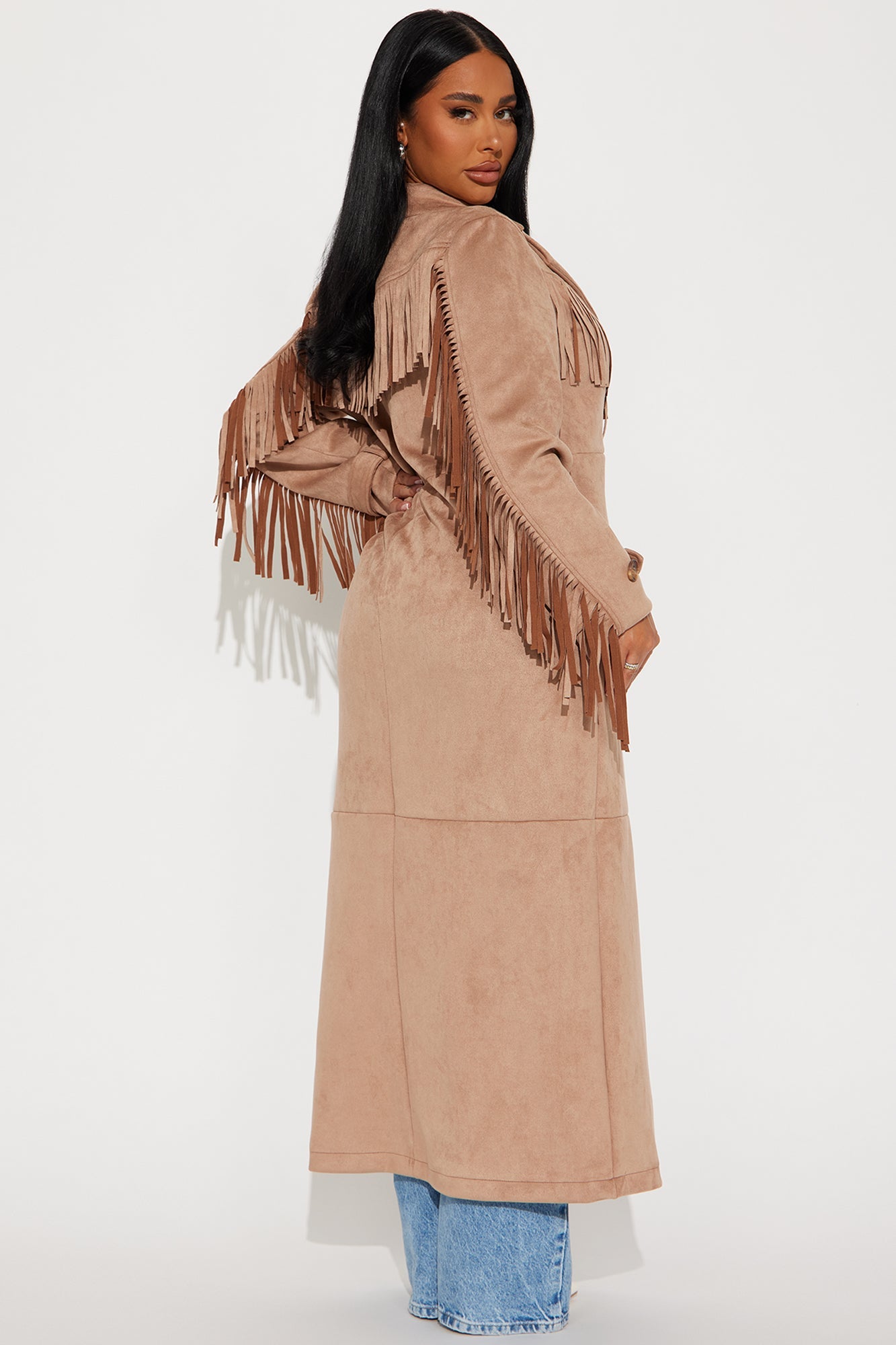 Stylish taupe fringe faux suede trench coat featuring a long design and detailed fringe embellishments