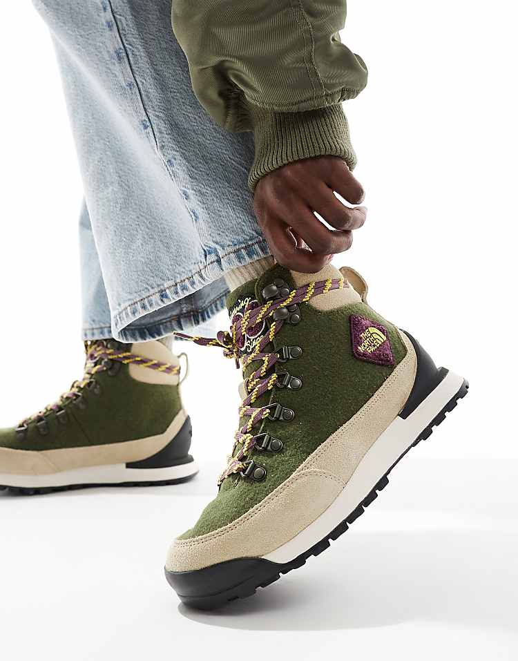 The North Face Back-To-Berkeley IV waterproof hiking boots in green and beige, ideal for outdoor adventures