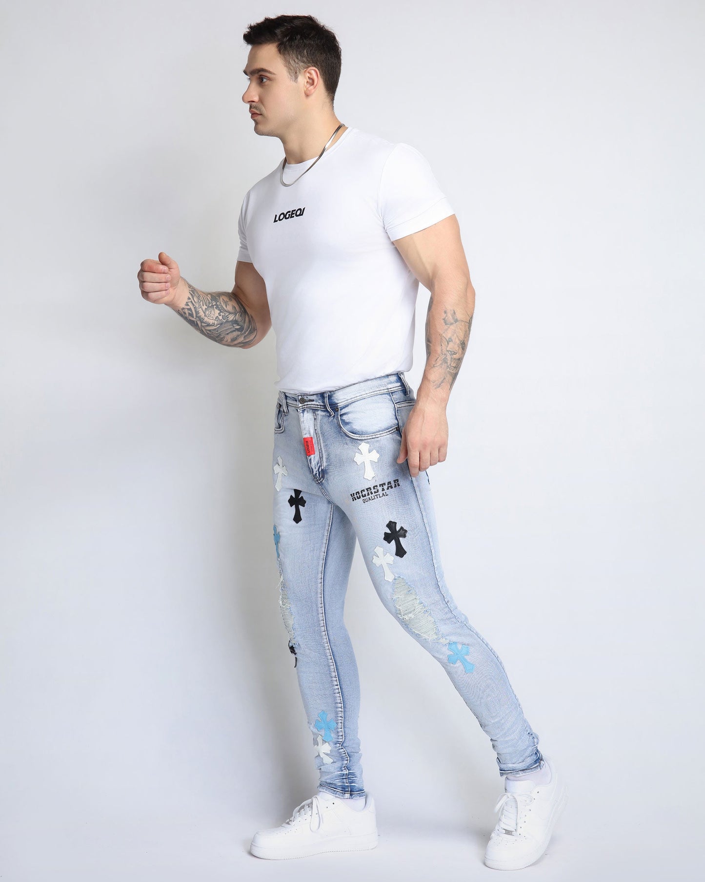 Logeqi trendy distressed jeans with unique designs and a slim fit style for a modern look