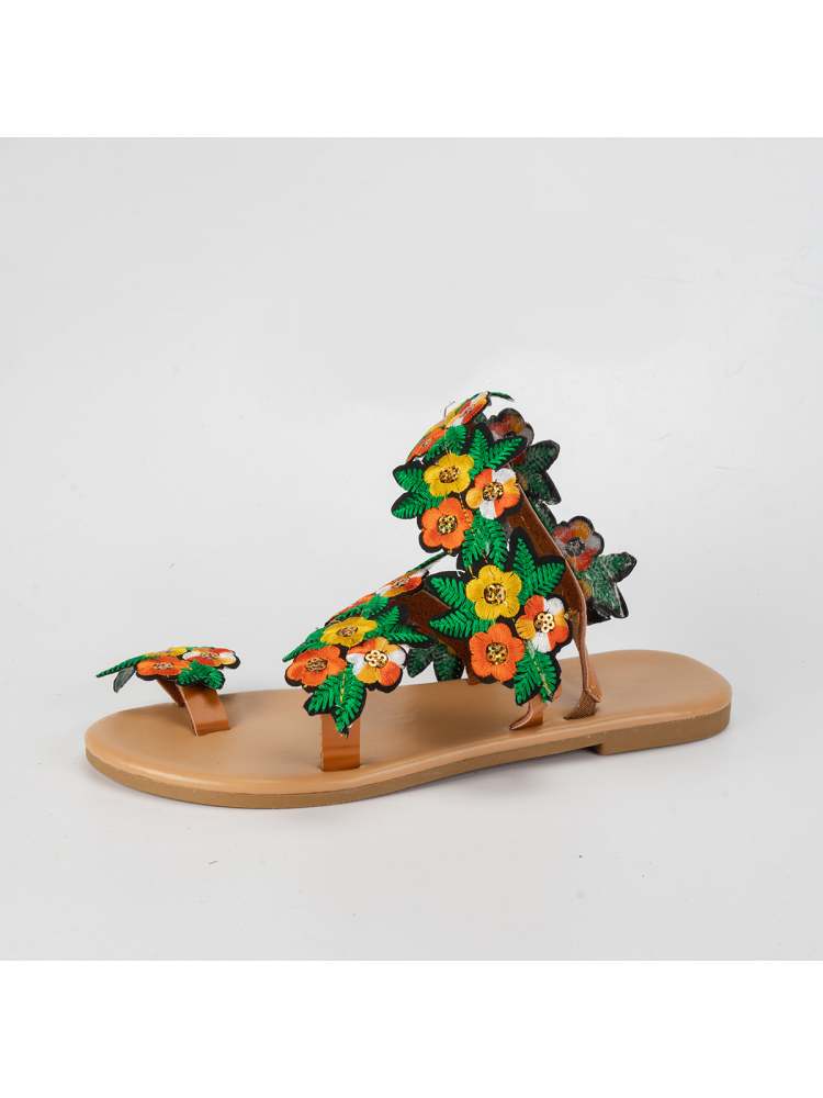 Wholesale7 tropical flower sandals with colorful floral embellishments and tan flat sole