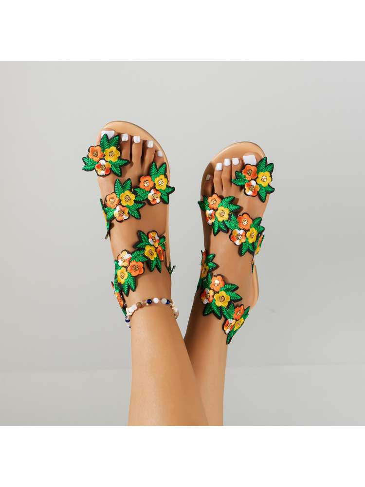 Wholesale7 tropical flower sandals with colorful floral decorations on tan straps