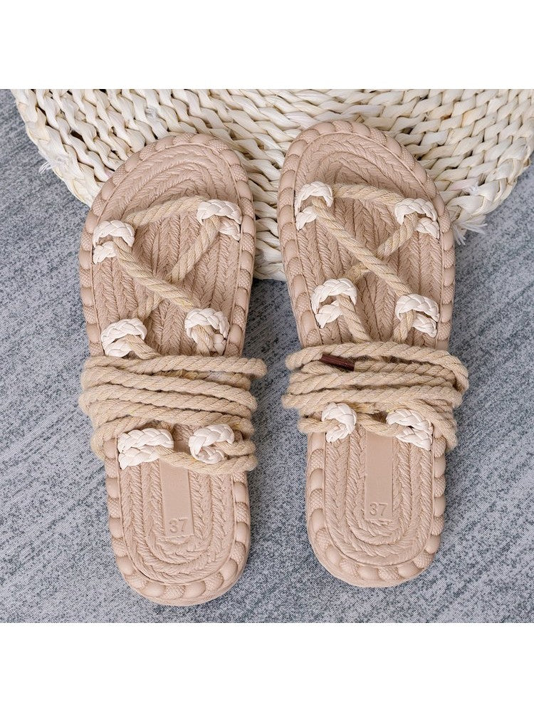 Wholesale7 beige tropical wrap sandals for women with braided rope design and flat sole