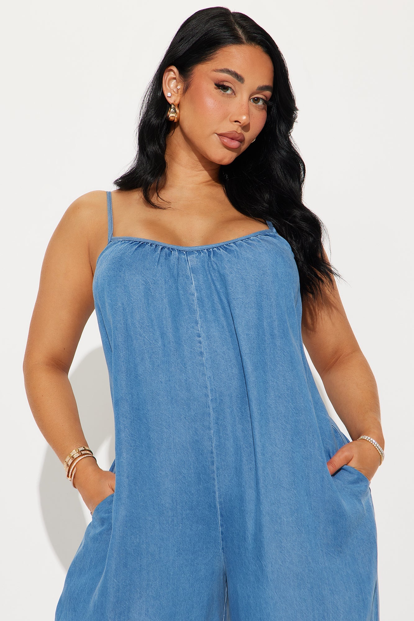 Fashion Nova chambray jumpsuit for women with spaghetti straps and relaxed fit