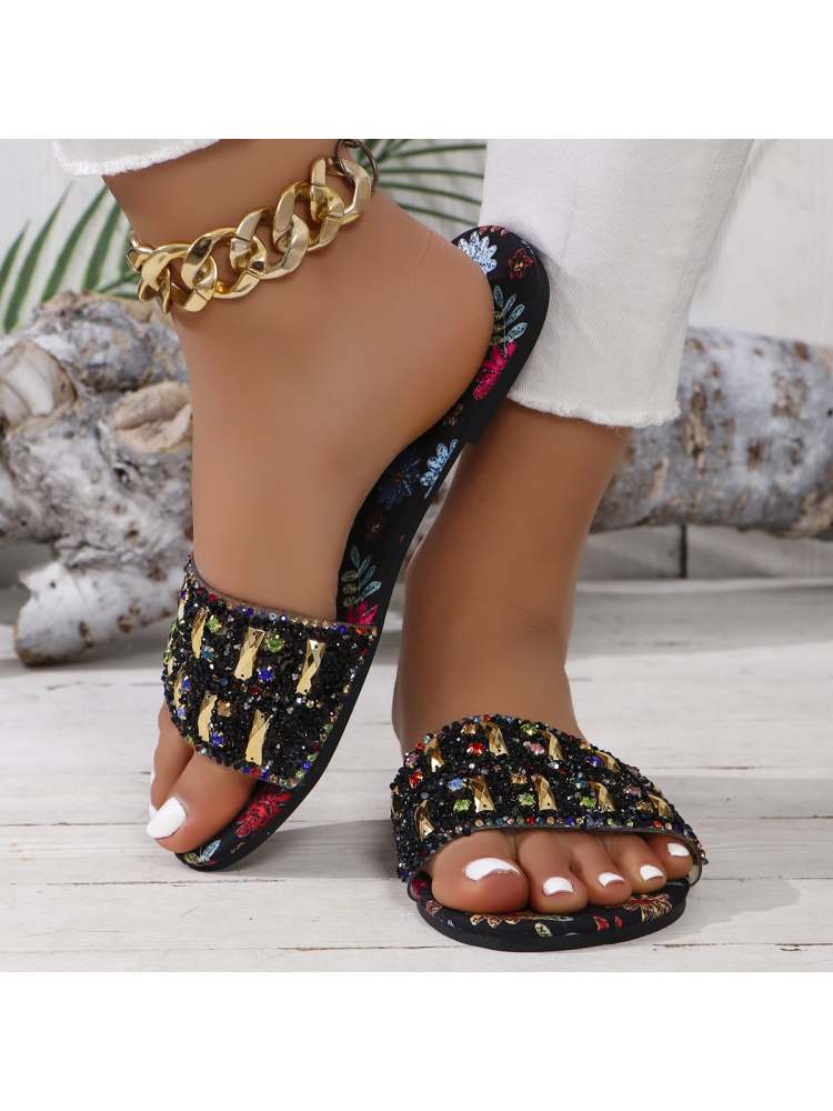 Wholesale7 floral rhinestone slippers with black floral pattern and sparkling rhinestone embellishments