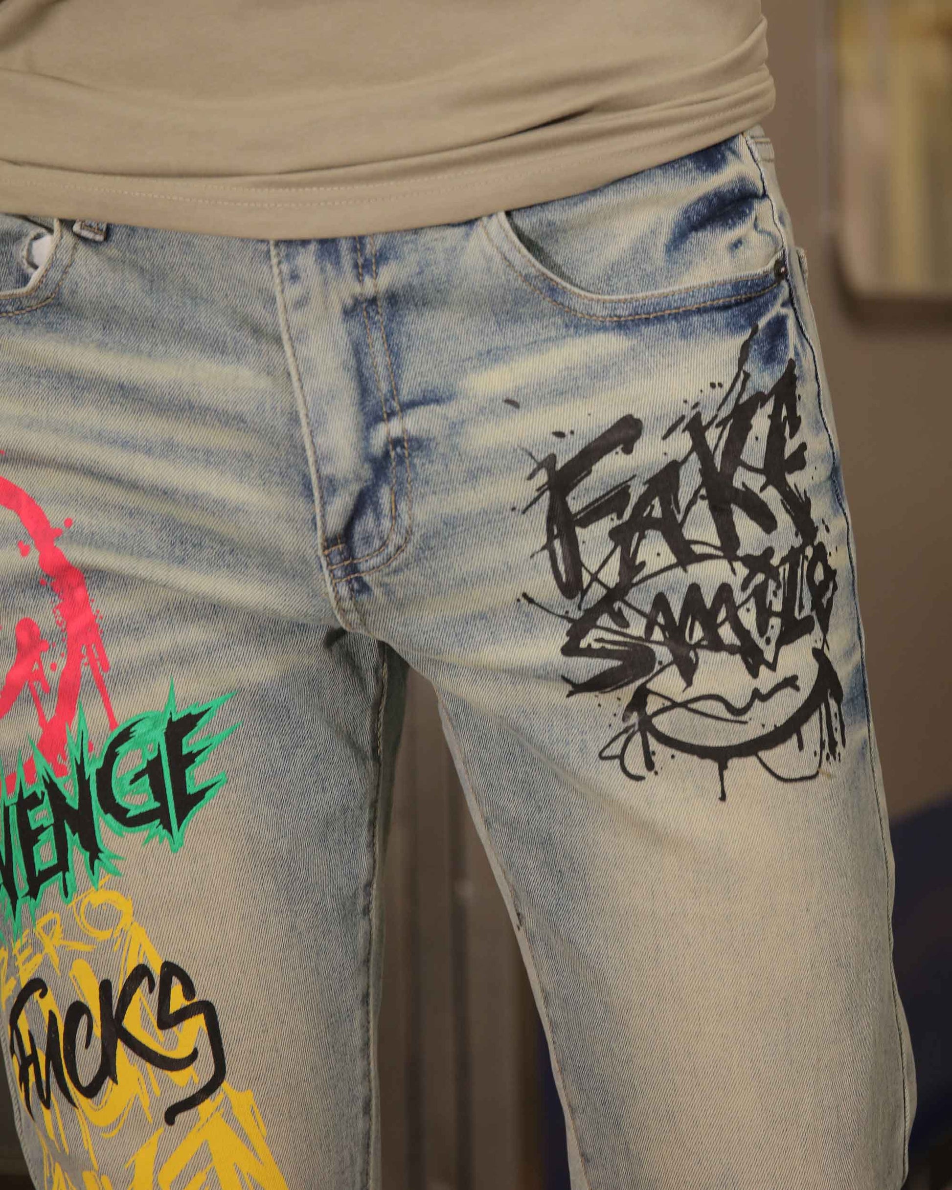 Logeqi graffiti streetwear jeans with colorful graffiti designs on light blue denim