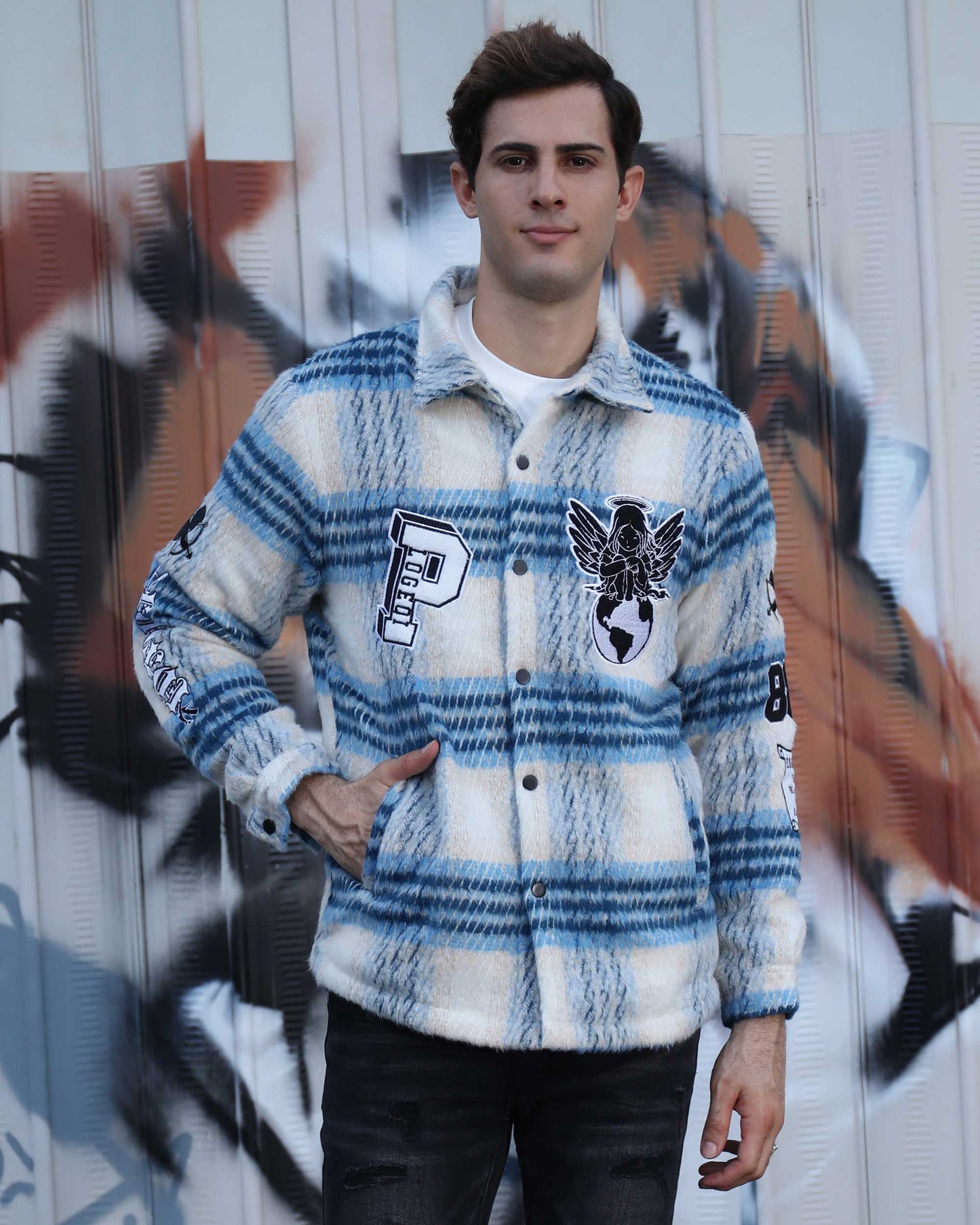 Logeqi insulated plaid moto jacket in blue and white with patches worn by male model