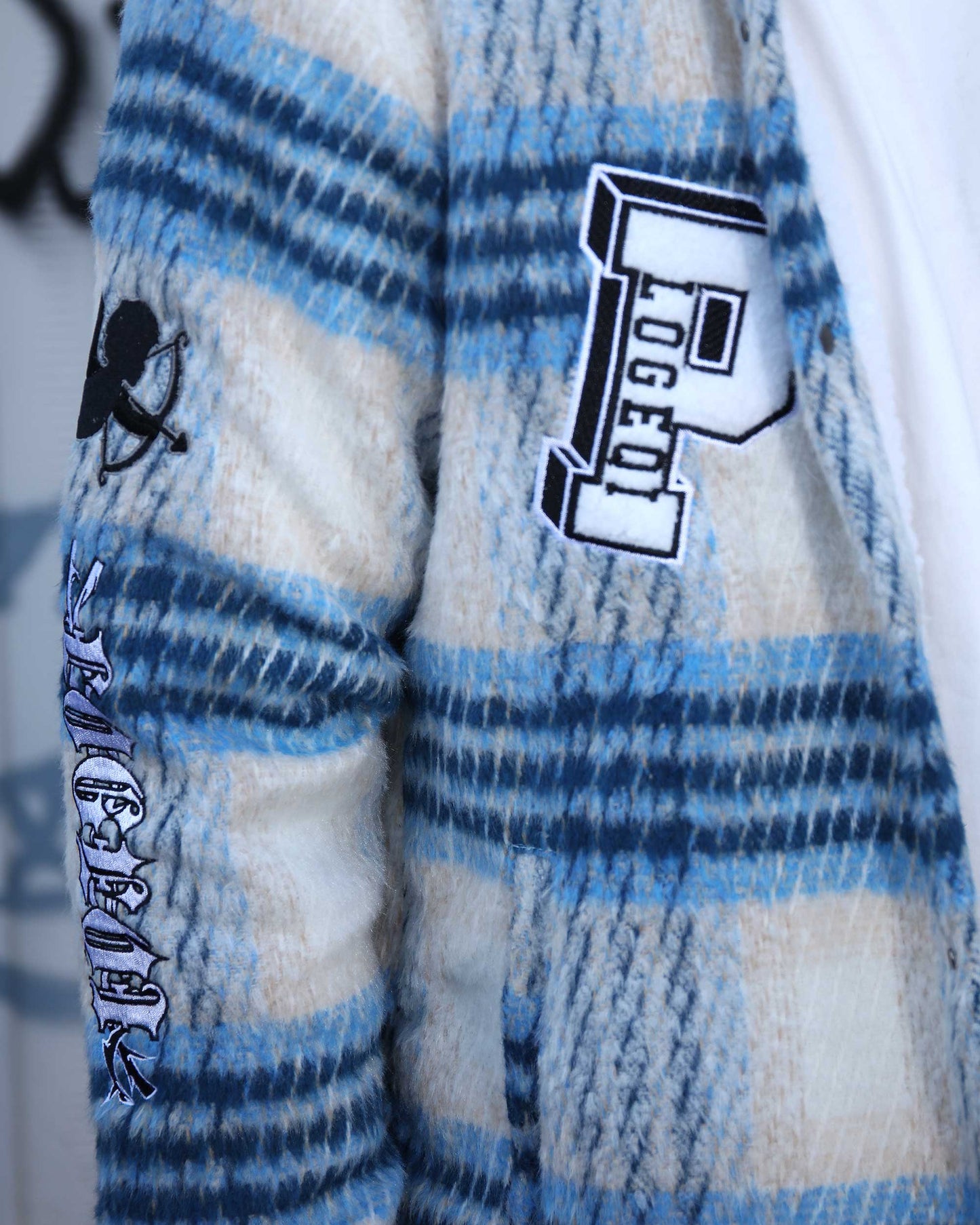 Logeqi insulated plaid moto jacket in blue cream with embroidered patches on sleeve and chest