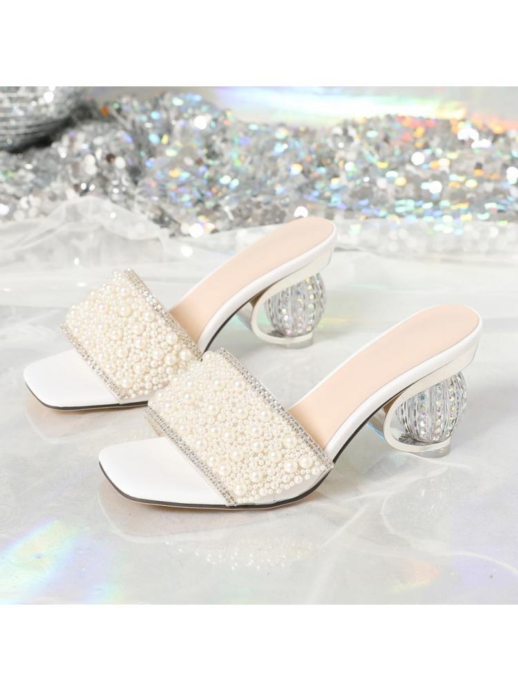 Pearl hotfix rhinestone heels white slippers with decorative pearl upper and clear block heel