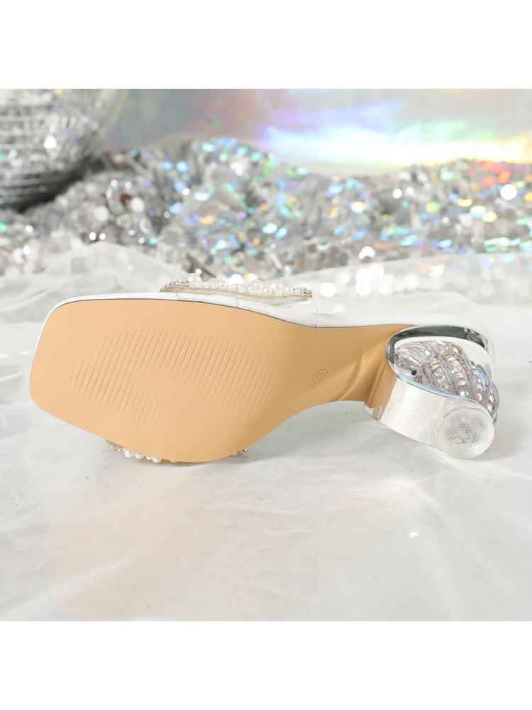 Wholesale7 pearl hotfix rhinestone heels slippers with embellished block heel and smooth sole