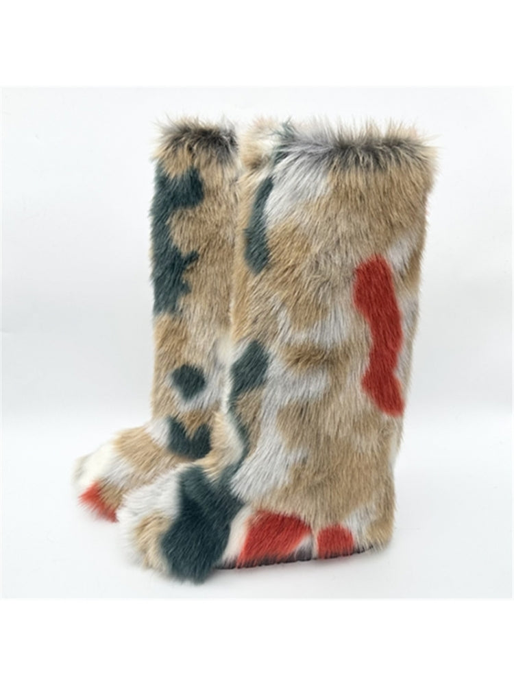 Wholesale7 pink fluff high top boots with multicolor fur design and cozy warm style